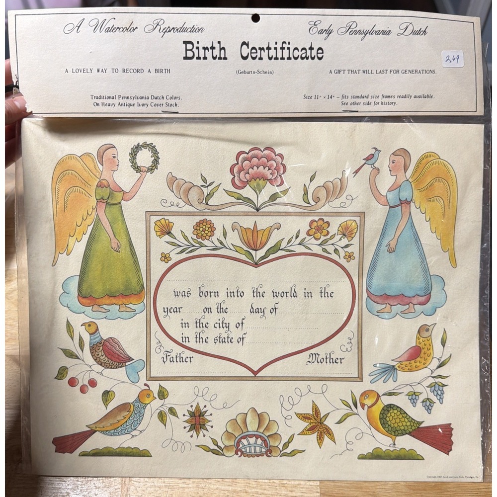 Jacob Jane Zook Birth Certificate Blank Early Pennsylvania Dutch 1967 VTG NEW